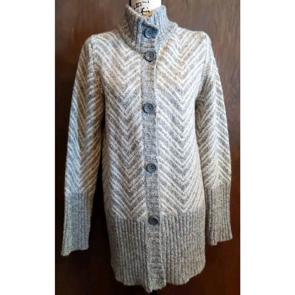 Maryline Gray herringbone Duster Cardigan Sweater Wool Blend Italy Chunky Large - Picture 1 of 8